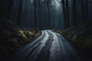 A dark road in the woods with trees and moss photo