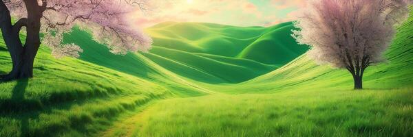 A green field with trees and a path photo