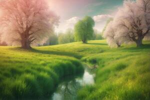 A beautiful spring landscape with trees and a river photo