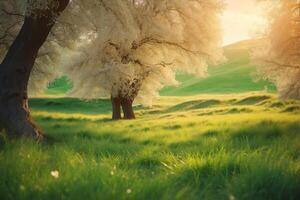 A beautiful field with trees and grass photo
