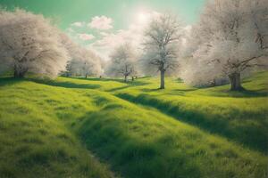 A green field with trees and grass photo