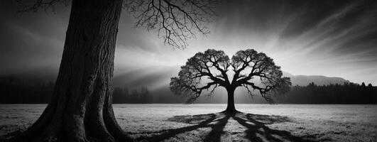Black and white photo of a tree in the middle of a field