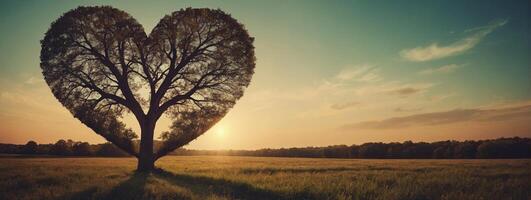 A heart shaped tree in a field at sunset photo