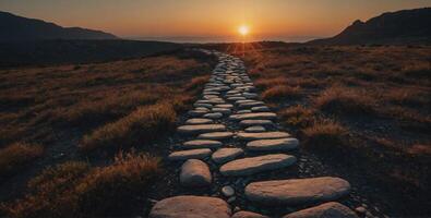A stone path in the middle of a field at sunset photo