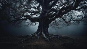 An old tree in the dark with fog photo