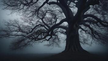 A large tree in the fog with no leaves photo