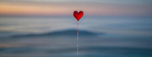 A red heart floating in the air over the ocean photo