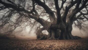 An old tree in the fog with leaves on the ground photo