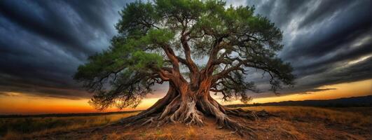 A tree with roots in the middle of a field photo