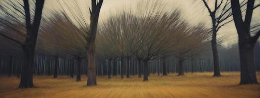 A blurry image of a forest with trees photo