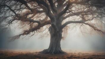 A tree in the fog with a sun shining through photo