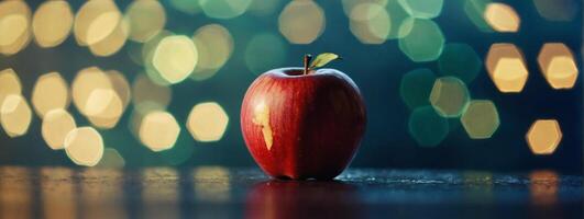 An apple is sitting on a table with a blurred background photo