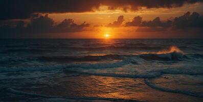 A sunset over the ocean with waves and clouds photo