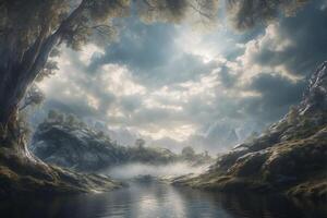 A river flows through a forest with trees and mountains photo