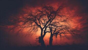 A tree is silhouetted against a red sky photo