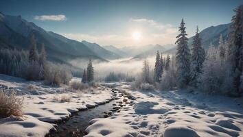 A snowy mountain stream in the middle of a snowy forest photo
