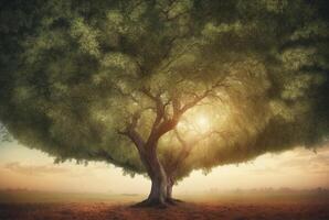 A large tree in the middle of a field photo