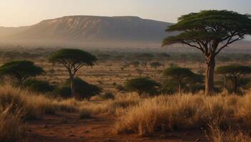 The african landscape is covered with trees and grass photo