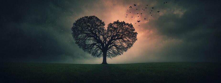 A tree with a heart shape on it in the middle of a field photo