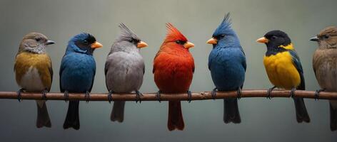 Five colorful birds sitting on a branch photo