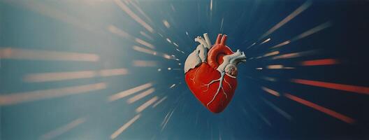 A red anatomical heart against a blue background with blurred streaks of light photo