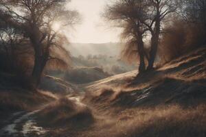 A dirt road in the middle of a field photo
