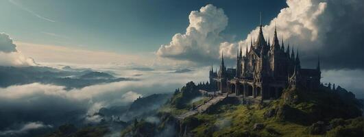 A castle sits on top of a mountain with clouds above photo