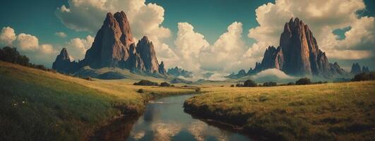 A river runs through a field with mountains in the background photo