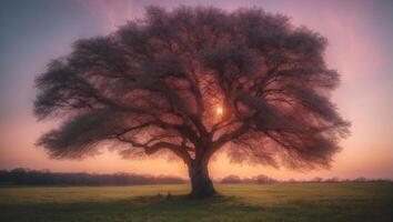 A tree in a field with the sun setting behind it photo