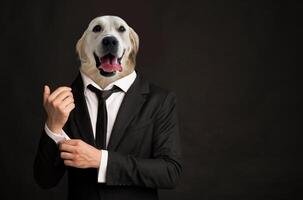 A man dressed in a sharp black suit adjusts his cufflinks while displaying a comical golden retriever head instead of his own. Contrasting elements of formal attire and the playful canine, copy space photo