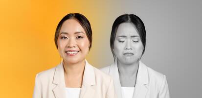 A young Asian woman presents contrasting emotions, with a bright smile in the foreground and a sorrowful expression in the background. The vibrant backdrop enhances the depth of her feelings. photo