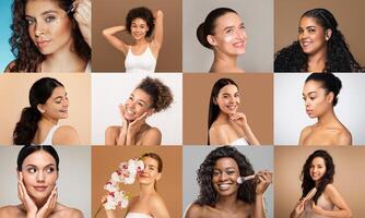 Women of various backgrounds embrace their beauty routines, each section of the collage highlighted by a distinct, colorful studio backdrop. photo