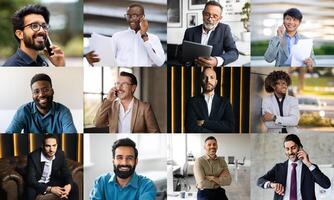 A variety of professionals from different backgrounds are engaged in communication, each using different devices. They appear focused and productive in modern office settings photo