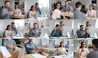 A diverse team of professionals engages in dynamic discussions and collaborative activities at a modern office desk. They are sharing ideas, displaying documents, and communicating photo