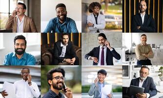 A variety of business professionals are engaged in conversations, some on phone calls while others are in meetings. Setting is a contemporary office with an array of relaxed and focused expressions photo