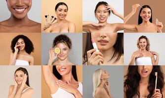 Diverse faces of multiracial woman, each engaged in a skincare session, are collectively presented in a dynamic, engaging studio environment. photo