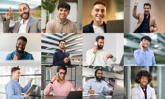 A vibrant and diverse group of professionals is actively participating in conferencing within a modern office environment. photo