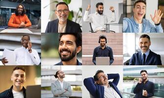 A diverse group of men is depicted engaging in different professional activities within a modern office setting. Some are smiling and celebrating achievements photo