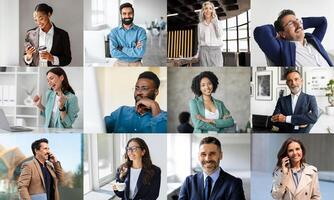 A diverse group of professionals is seen actively engaging in conversations across various workspaces. They are smiling, discussing, and collaborating, showcasing a vibrant and dynamic workplace photo