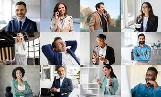 A diverse group of professionals is captured engaging in various activities within a modern office space. Some individuals are on phone calls, while others are enjoying beverages, working on devices photo