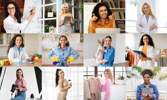 A collage of nine different women in a variety of settings. Each woman is engaged in a different profession or daily activity, showcasing the diverse range of careers and lifestyles photo