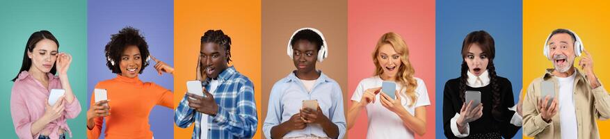 A lively group of diverse people, each holding a smartphone and experiencing a range of emotions, stands against vibrant colored backgrounds. They seem fascinated and engaged. photo