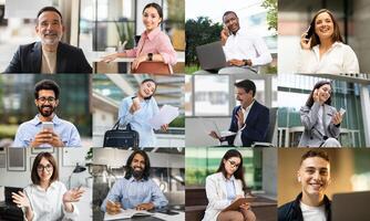 A variety of professionals are depicted in a contemporary office environment, engaged in discussions and working diligently. Some individuals talking on mobile phones, while working on laptops photo
