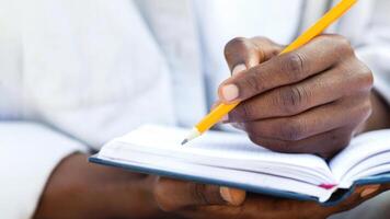 Close up of black student guy taking notes, using notepad and pencil photo