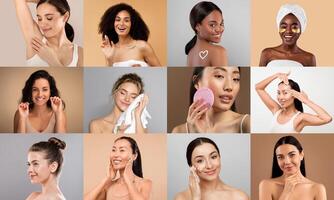 Featuring women with diverse skin tones, this collage captures the joy and serenity of their skincare routines in a light, airy studio space. photo
