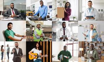 This collage features 12 smiling men working in a variety of professions, showcasing the diversity of occupations and work environments. Each man is confidently engaged in their respective tasks photo