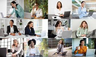A varied group of women interacts with technology while working remotely, showcasing their dedication and professional engagement. Some are on phone calls, others focus on their laptops photo