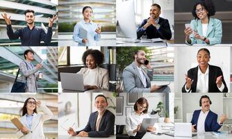 A diverse group of professionals is actively engaged in different tasks within contemporary office environments. Individuals can be seen presenting ideas, working on laptops, participating in meetings photo