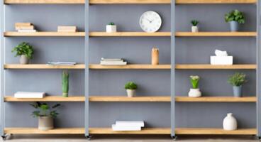 Parlor, office and simple home interior. Shelves with plants in pots, accessories, decor elements and clock on gray wall background in contemporary interior at flat, flat lay, copy space, nobody photo
