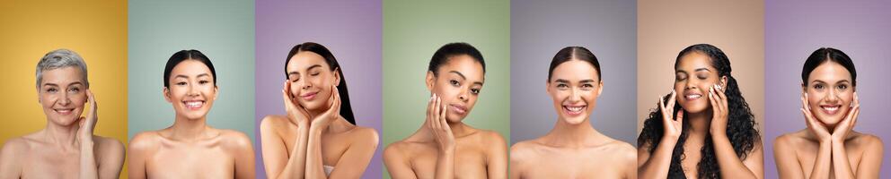 Seven multiethnic women of various ages are shown smiling and touching their faces. Each woman is posed against a different colored background. They appear to be happy and confident. photo